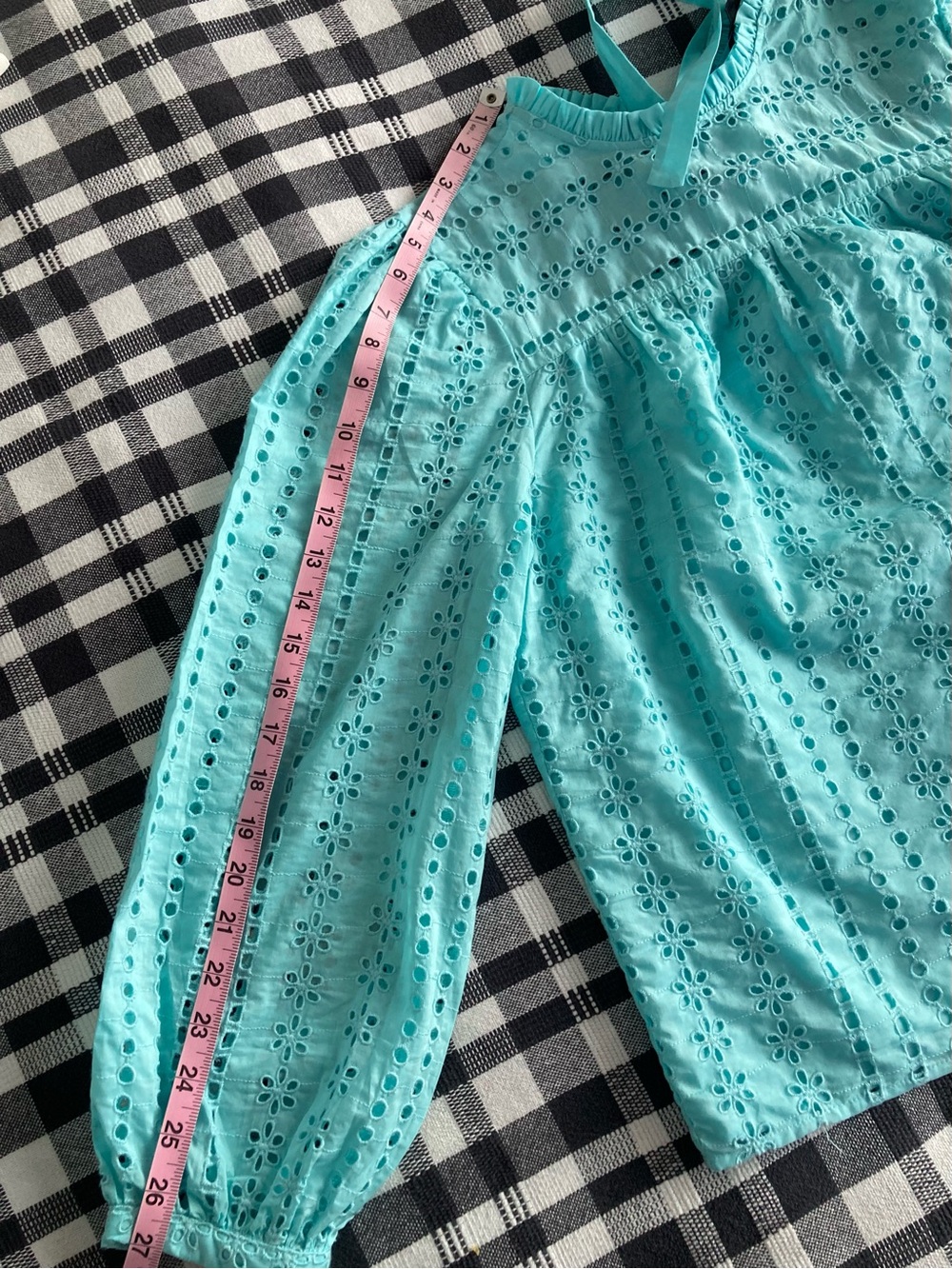 J. Crew Eyelet Lace Blouse Top Aqua Blue M High Neck Long Puff Sleeve Cotton - Picture 10 of 10